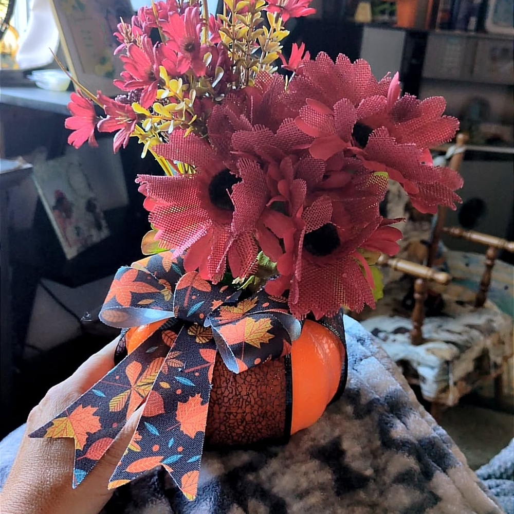 Vibrant Autumn Faux Floral Arrangement in Pumpkin Vase